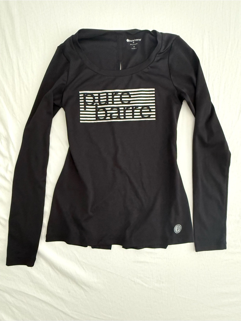 Pure Barre Black Long Sleeve Logo Tee with White Stripe Graphic